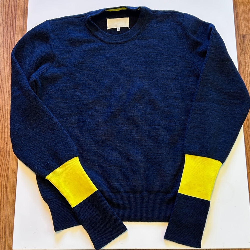 Women’s Wool Navy Crewneck Knit with Yellow Cuff Accents
